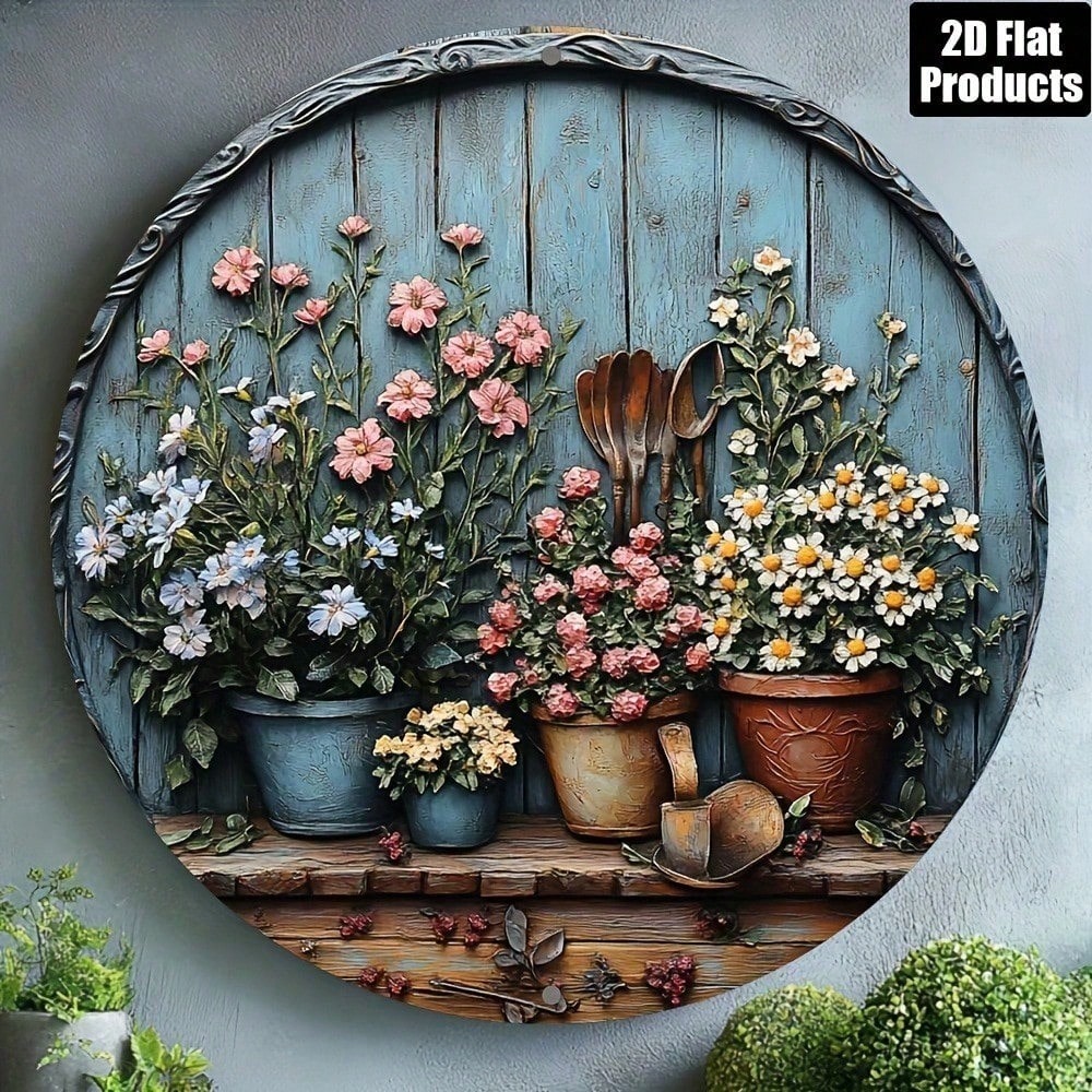 Gardening Tools Vintage - Décoration murale vintage ronde en aluminium,